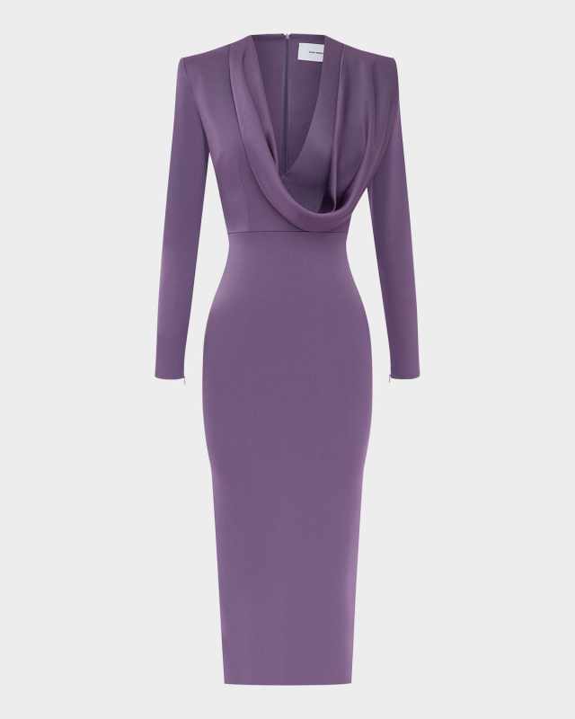 Draped Cowl-Neck Strong-Shoulder Satin Crepe Midi Dress